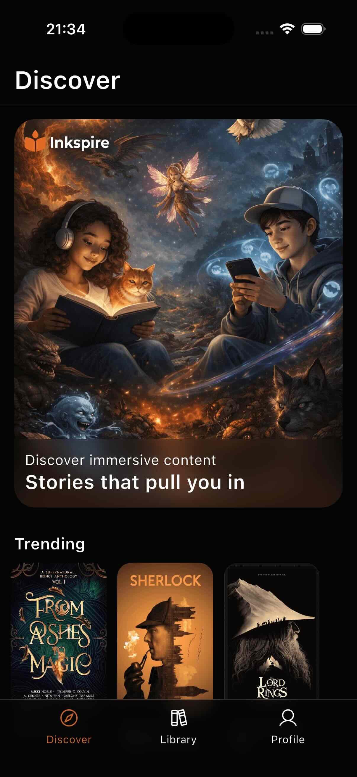 Inkspire Discover screen with featured stories and trending titles